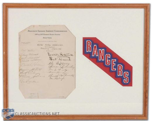 1943-44 New York Rangers Autograph Sheet on Lester Patrick Letterhead Framed Display