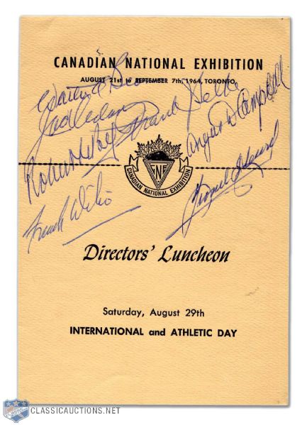 Autographed 1964 CNE Directors Luncheon Program Signed by Walter A. Brown, Jack Adams, Frank Selke, Angus Campbell, Frank Dilio, Robert Lebel and Lionel Heward