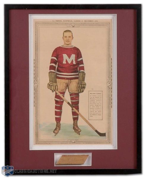 Nels Stewart Framed Autographed Stick Segment and Vintage 1928 La Presse Picture Montage