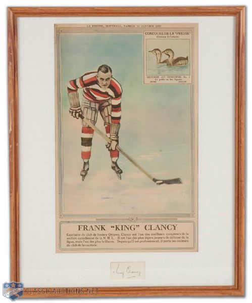 Frank "King" Clancy Framed Autograph and Vintage 1930 La Presse Picture Display