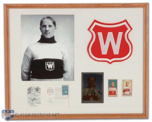 Ernie "Moose" Johnson Framed Autograph, Photo and Vintage Imperial Tobacco C56 and C55 Hockey Card Display