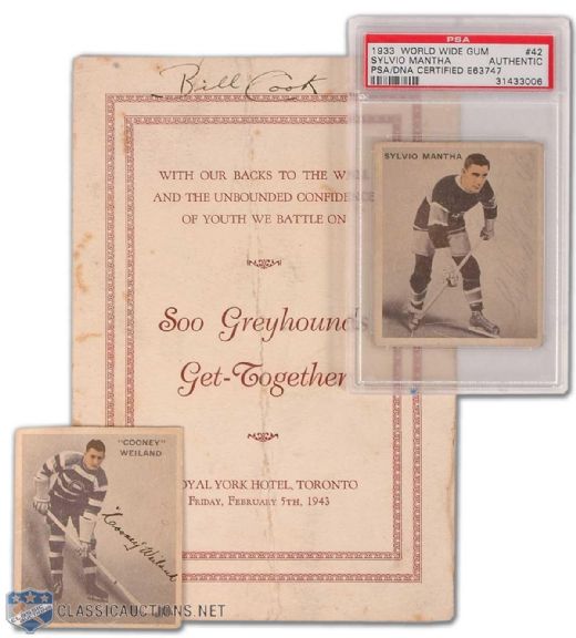 Bill Cook and Bun Cook Autographed Soo Greyhounds Team Signed Reunion Menu, Plus Sylvio Mantha and Ralph "Cooney" Weiland Signed Hockey Card Collection of 2