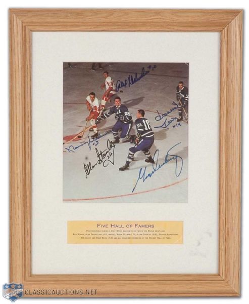 Framed 1960s Red Wings vs. Maple Leafs Action Photo Signed by Five Hall-of-Famers, Including Armstrong, Keon, Stanley, Ullman and Delvecchio