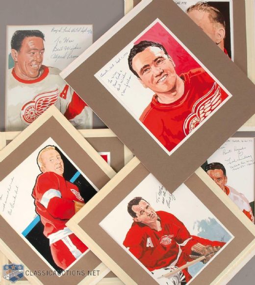 Carleton "Mac" McDiarmid Signed Detroit Red Wings Hall-of-Famers Original Artwork Collection of 7