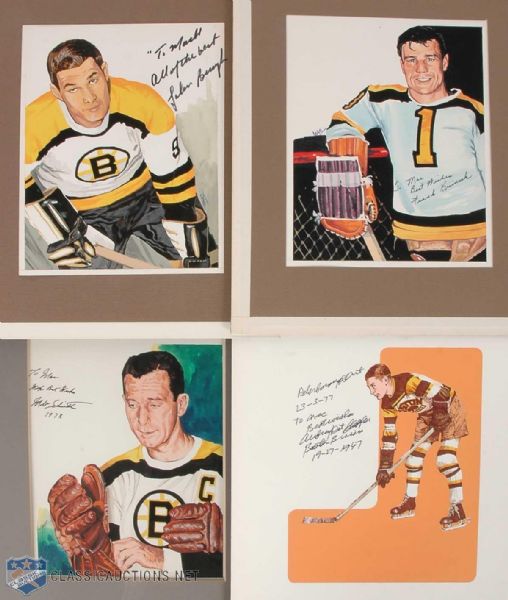 Carleton "Mac" McDiarmid Signed Boston Bruins Hall-of-Famers Original Artwork Collection of 4