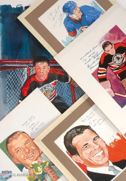 Carleton "Mac" McDiarmid Chicago Black Hawks Legends Collection of 3, Plus Signed Original Gump Worsley and Denis Potvin Portraits