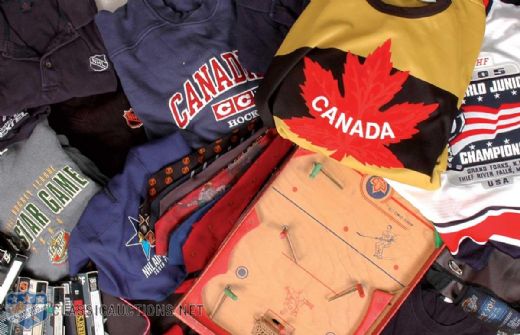 NHL and International Hockey Complimentary Bag and Jersey Memorabilia, Plus Vintage Munro Table Hockey Game and VHS Tape Collection