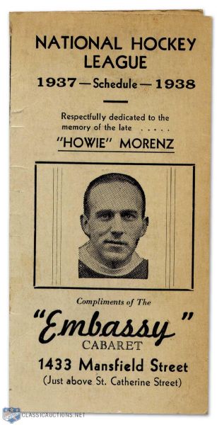 1930s Howie Morenz Memorabilia Collection of 2, Featuring Howie Morenz Restaurant Card and 1937-38 NHL Pocket Schedule Dedicated to Morenz