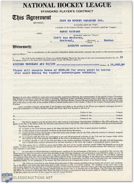 Henri Richards 1959-60 Montreal Canadiens Contract