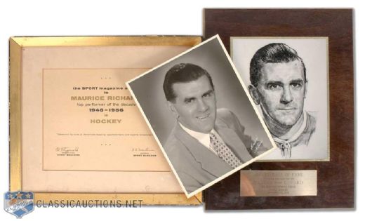 Maurice Richard Framed Sport Magazine Hockey Player of the Decade Certificate, Plus Hockey Hall of Fame Plaque and Vintage Portrait Photo