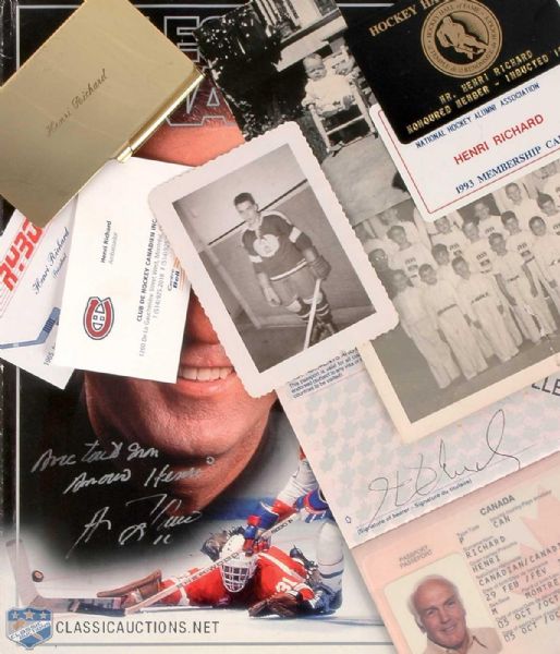 Henri Richard Personal Memorabilia Collection of 8, Including Canadian Passport and Guy Lafleur Signed Program