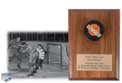 Jean Beliveaus 1963-64 324th Goal Puck to Tie Nels Stewart