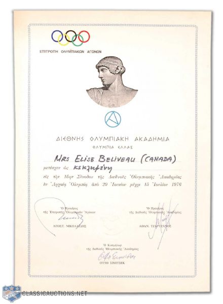 1976 Olympic Diploma Presented to Elise Beliveau (Mrs. Jean Beliveau) by the International Olympic Academy