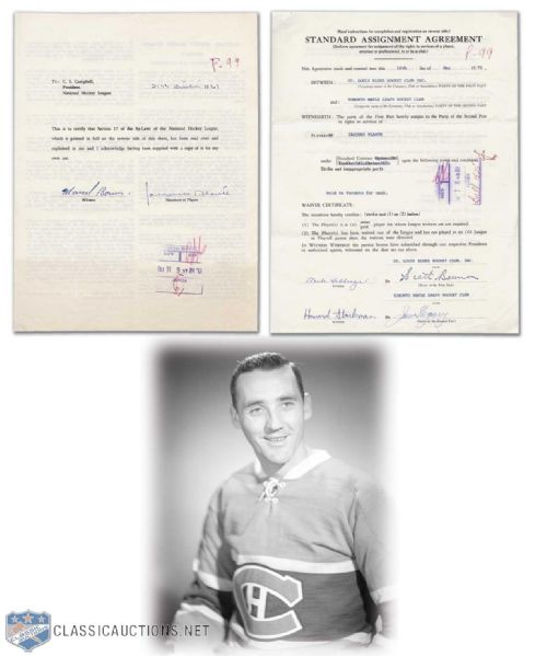 1961 Jacques Plante Signed NHL Letter & 1970 "Sold to Toronto" Official Documents