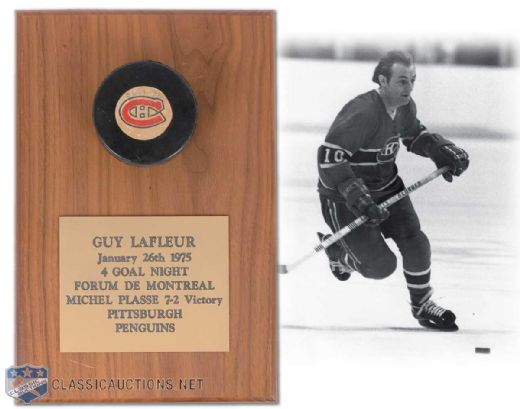 Guy Lafleur 1975 Four Goal Game Puck and Display Plaque