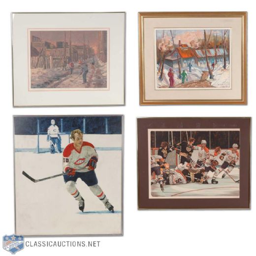 Guy Lafleur Framed Print Collection of 4, Including Autographed Original Sugar Shack Painting and Action Portrait by Muriel Wood