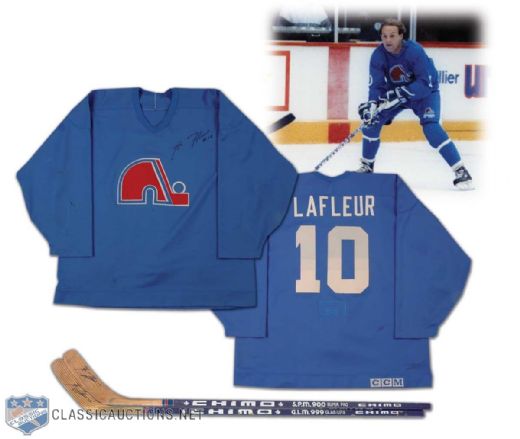 Guy Lafleurs Signed Quebec Nordiques Practice Jersey, Plus an Autographed Stick Collection of 2