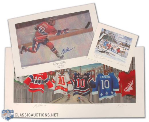 Guy Lafleur Signed Lithograph Collection of 3, Including "Saturdays Heros" Autographed by Lafleur and Bobby Hull