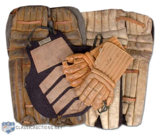 Vintage Goalie Equipment Collection of 4, Including Pads, Chest Protector and Gloves