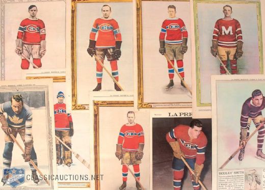 1920s and 30s La Presse Hockey Stars Premium Color Picture Complete Collection of 71+, Plus Three Framed Vintage Montreal Canadiens Team Photo Newspaper Pages