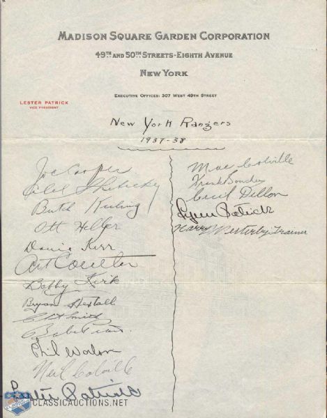 1937-38 New York Rangers Team Signed Sheet Including Lester Patrick