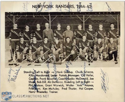 1944-45 New York Rangers Team Signed Team Photo Including Patrick & Boucher