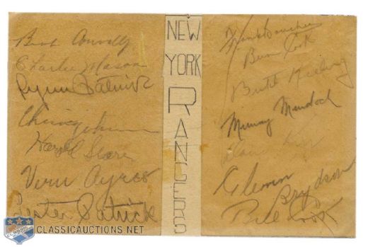 1935-36 New York Rangers Autograph Card Signed by 14, Including Frank Boucher, Bill and Bun Cook, Lester and Lynn Patrick, Ching Johnson and Dave Kerr