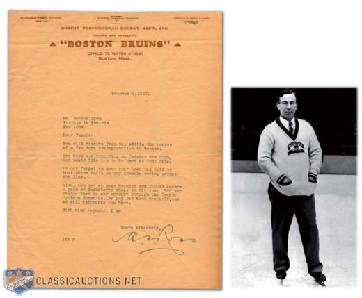 Art Ross Signed 1930 Boston Bruins Letter to Ronald "Peaches" Lyon, Plus Original Train Travel Arrangements Telegram