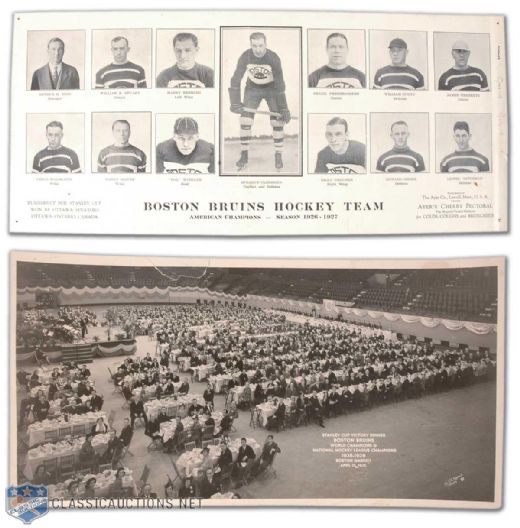 Boston Bruins Early Photo Collection of 2, Featuring 1926-27 Team Photo Montage and Huge Panoramic Photo of 1939 Stanley Cup Victory Dinner at Boston Garden