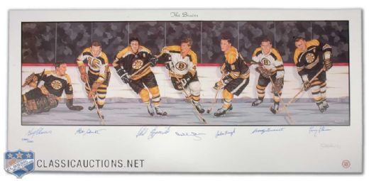 Boston Bruins Lithograph Autographed by 7 HOFers Including Orr (18"x 39")