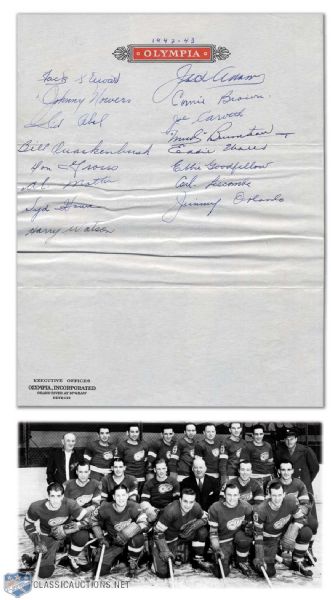 1942-43 Detroit Red Wings Team Signed Sheet Including Adams & Abel