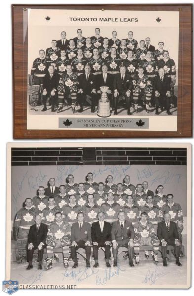 1967 Stanley Cup Champion Toronto Maple Leafs Autographed Team Photo Collection of 2, Featuring Original Signed Photo and Silver Anniversary Signed Photo