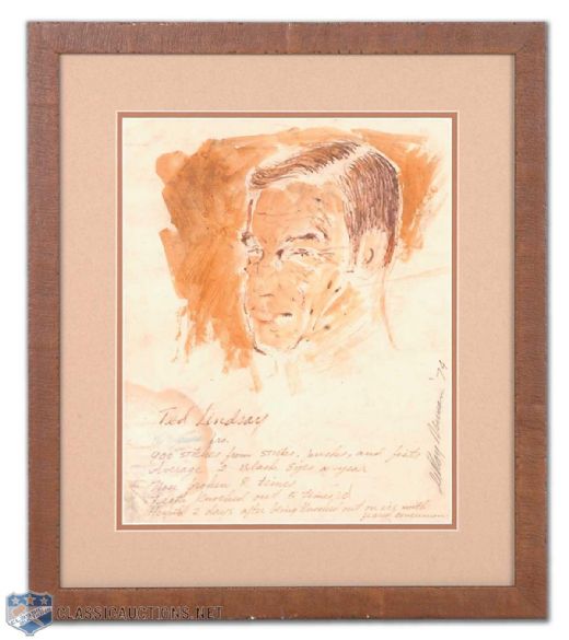 Ted Lindsay Framed Original 1974 LeRoy Neiman Portrait