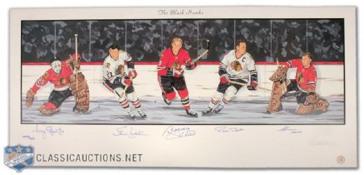 Chicago Black Hawks Lithograph Autographed by 5 HOFers (18" x 39")