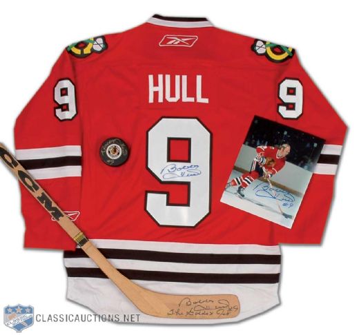 Bobby Hull Autographed Memorabilia Collection of 4, Including Signed Chicago Black Hawks Jersey, Stick, Puck and Photo