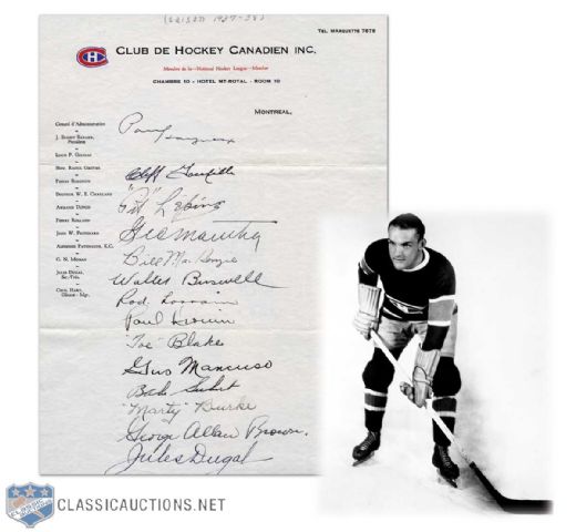 1937-38 Montreal Canadiens Letterhead Signed by 14 Including Babe Siebert & Toe Blake