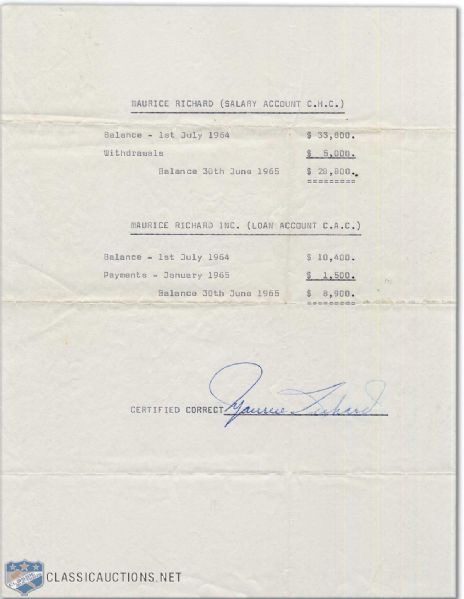 1964-65 Maurice Richard Signed Montreal Canadiens Salary Account Document