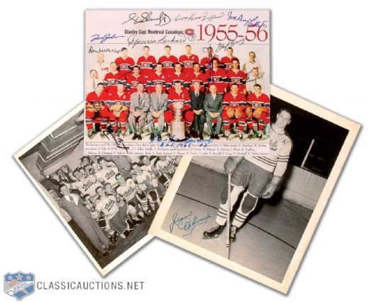 Jean Beliveau Photo Collection of 3, Including Vintage Signed Quebec Citadelles Photo and 1955-56 Montreal Canadiens Photo Autographed by 9 Hall-of-Famers