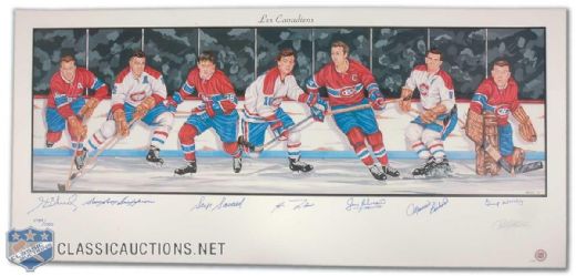 Montreal Canadiens Lithograph Autographed by 7 HOFers Including Richard, Beliveau & Lafleur