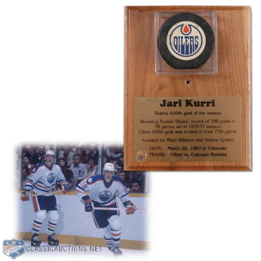 Original 1981-82 Edmonton Oilers Record-Breaking 400th Goal Puck Scored by Jari Kurri