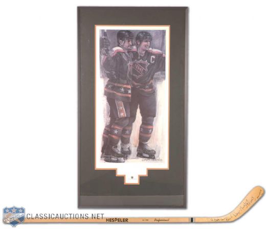 Wayne Gretzky and Paul Coffey Signed 1993 NHL All-Star Game Lithograph, Plus Autographed Gretzky Stick