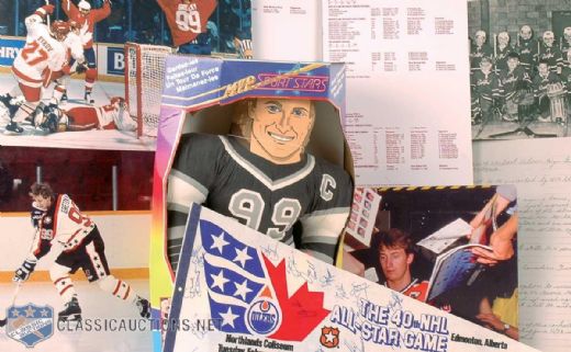 Wayne Gretzky Memorabilia and Hockey Hall of Fame Display Collection of 14, Featuring 1989 All-Star Game Team Signed Pennant