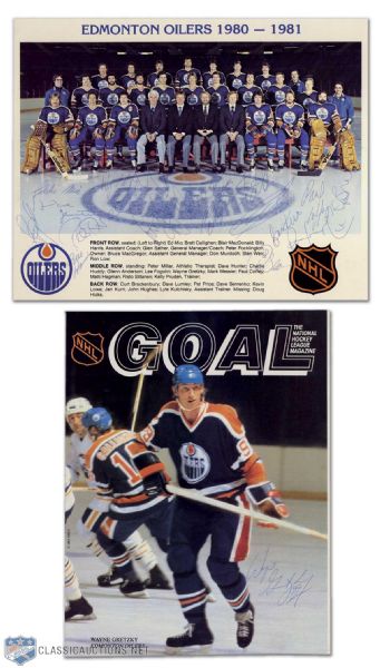 Early-1980s Wayne Gretzky Autograph Collection of 2, Including Game Program Cover and 1980-81 Edmonton Oilers Team Signed Photo