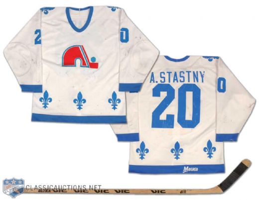 Anton Stastnys 1980s Quebec Nordiques Game Worn Jersey & Marian Stastnys Stick