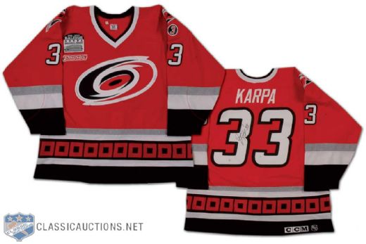 David Karpa Autographed 1999-2000 Carolina Hurricanes Game Worn Road Jersey, with Raleigh Arena Inaugural Patch