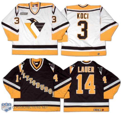 Pittsburgh Penguins Game Worn Jersey Collection of 2, Including Brad Lauer 1995-96 Road Jersey and David Koci 2000 Pre Season Jersey