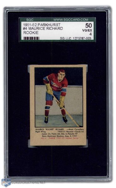 1951-52 Maurice "Rocket" Richard Parkhurst Rookie Card Graded VG/EX