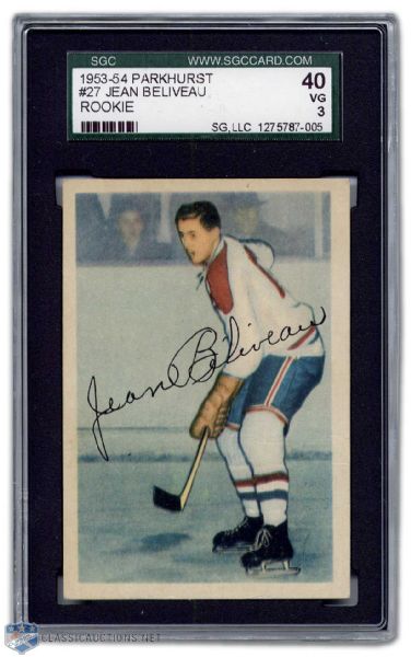 1953-54 Jean Beliveau Parkhurst Rookie Card Graded VG