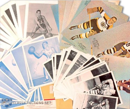 Team Issued Hockey and Basketball Photo Set Collection of 4, Including 1950s Boston Bruins All-Time All-Stars, 1957-58 and 1962-63 Boston Celtics and 1960-61 AHL Cleveland Barons