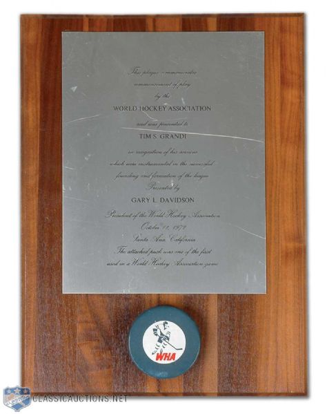 Unique 1972 WHA Plaque Featuring an Early Game Used Blue Puck